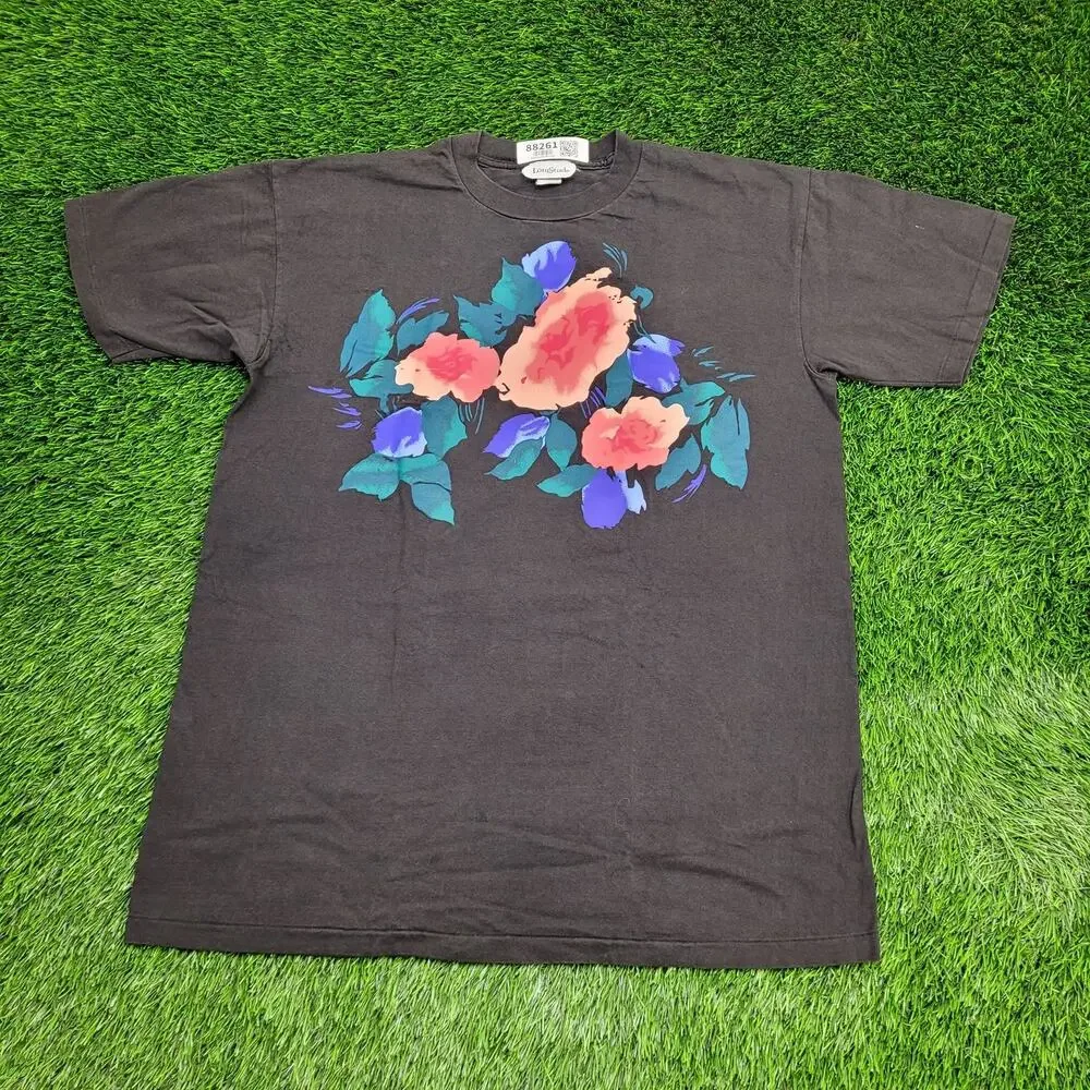 Vintage 80s Floral Rose Art Shirt Womens XL 23x30 Black USA